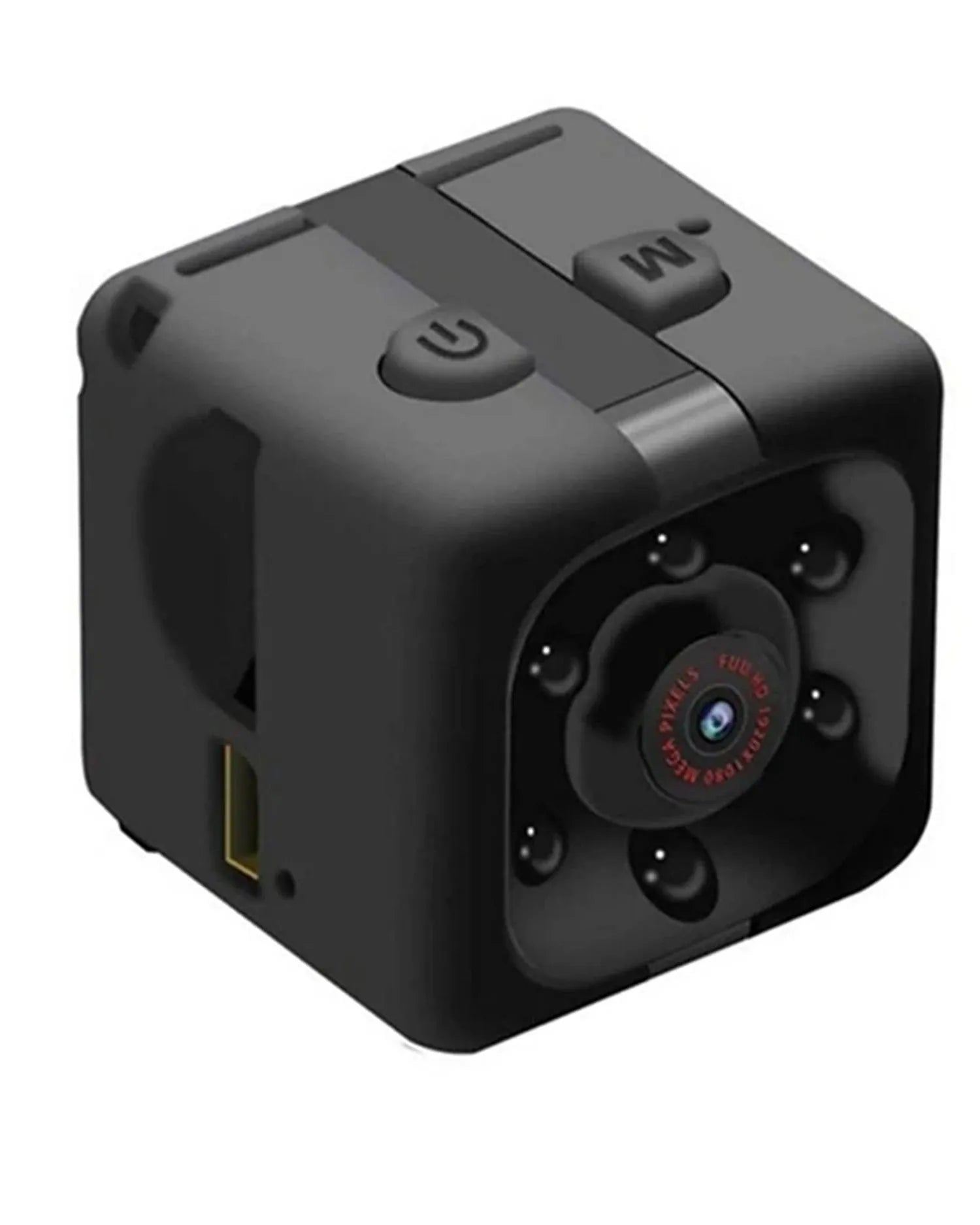 Black mini USB dashcam with infrared night vision and 1080P HD recording capability.