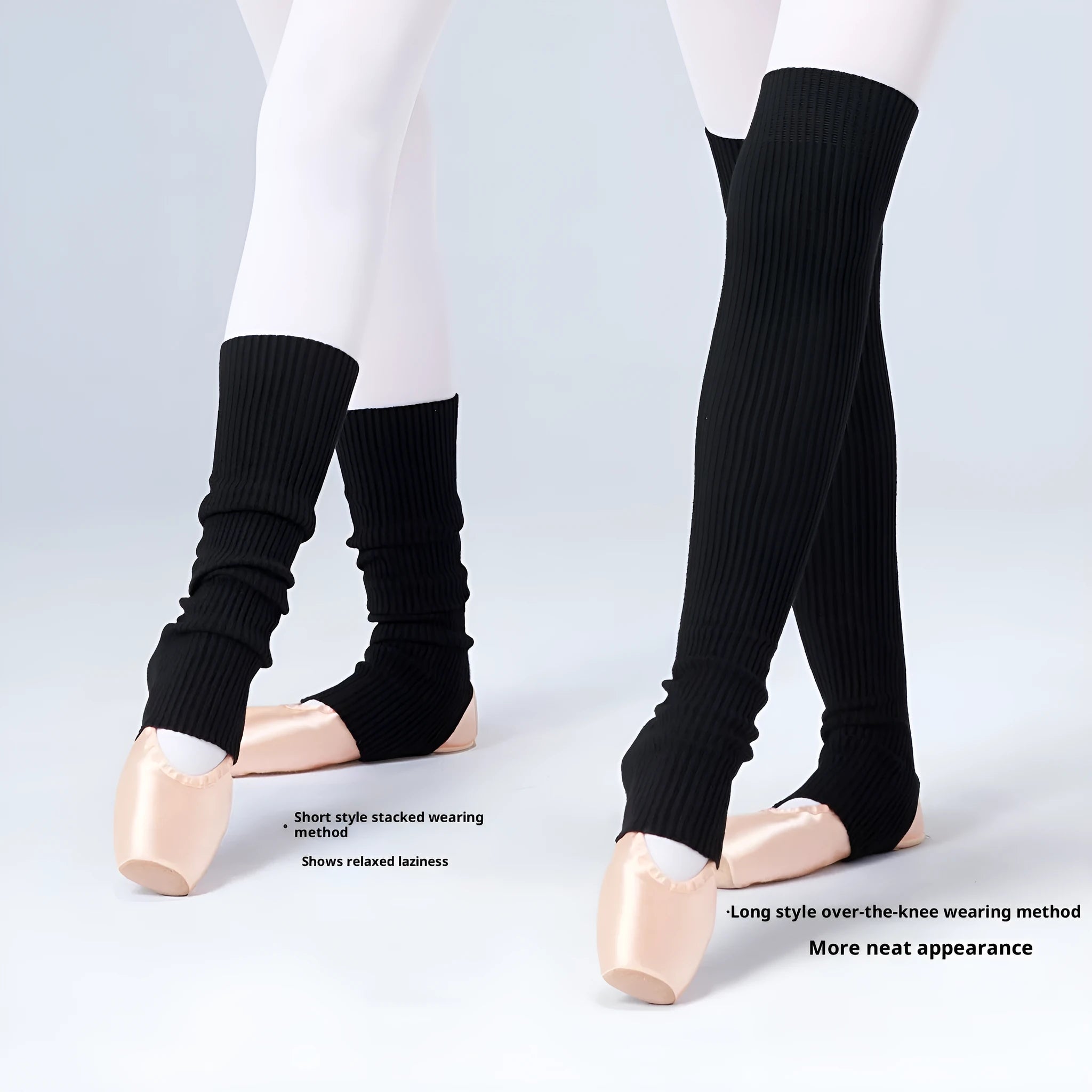 Solid colour viscose over-the-knee leg warmers in gray, pink, and black short and long lengths