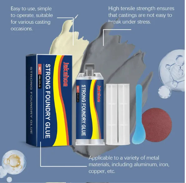 85ml bottle of two-part epoxy metal adhesive glue with applicator tools for waterproof repairs on stainless steel, copper, and aluminium.