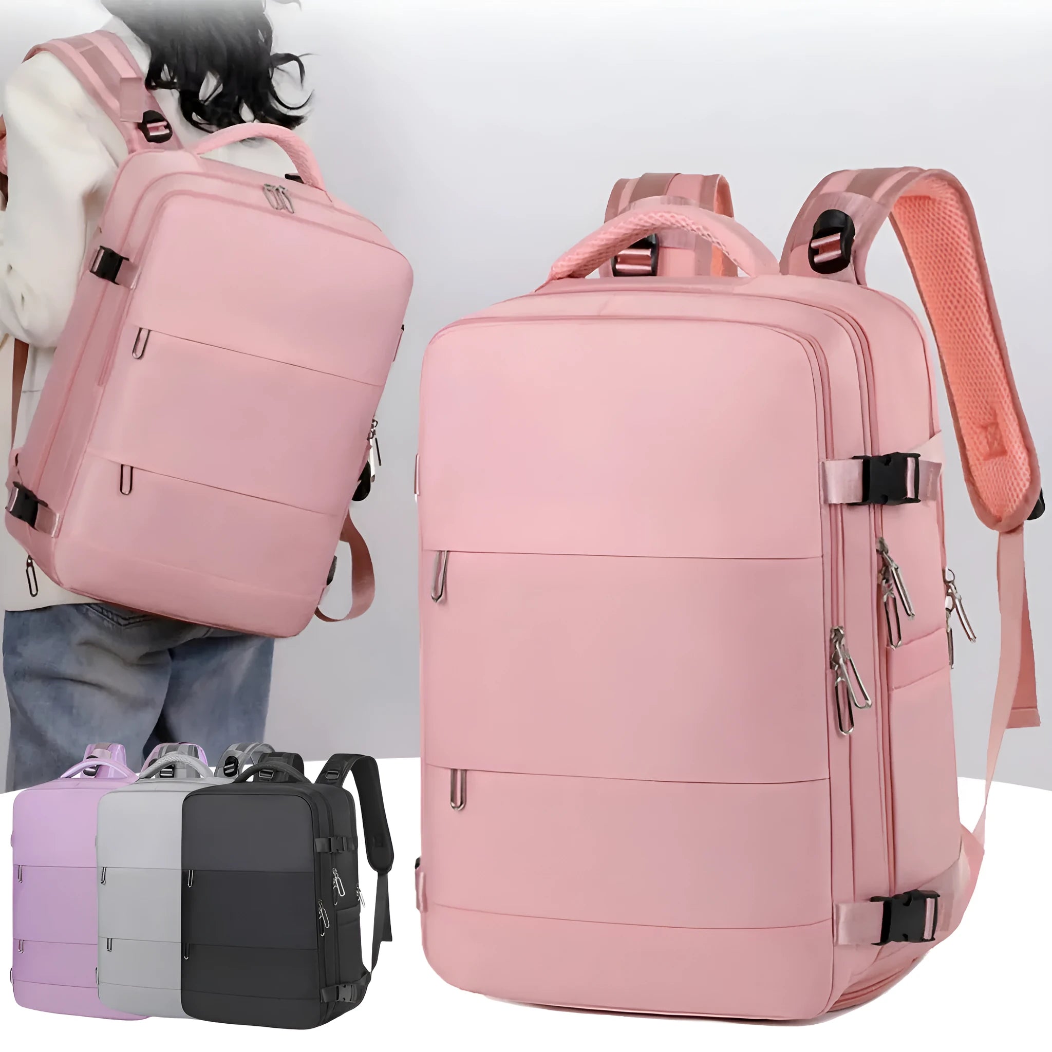 Large purple travel backpack with laptop compartment and air pillow shoulder straps shown open to reveal internal organisation pockets.