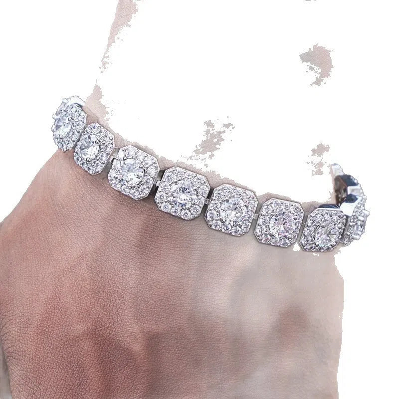 Hip-hop unisex full diamond geometric alloy bracelet in 18CM size on white background
