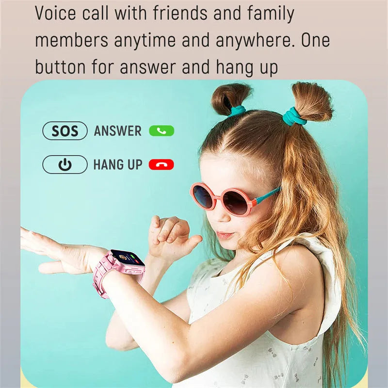 Children's 4G GPS locator video call watch with 1.66-inch touch screen, silicone strap, available in pink, blue, and black