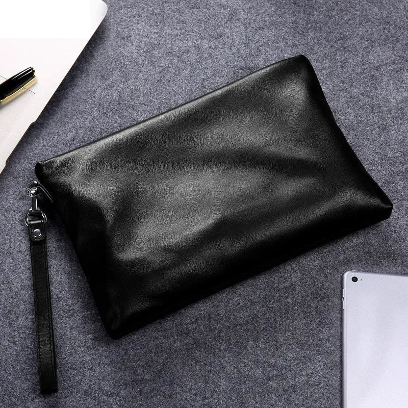 Men's genuine leather casual clutch bag in solid colour, multiple size options for business commute