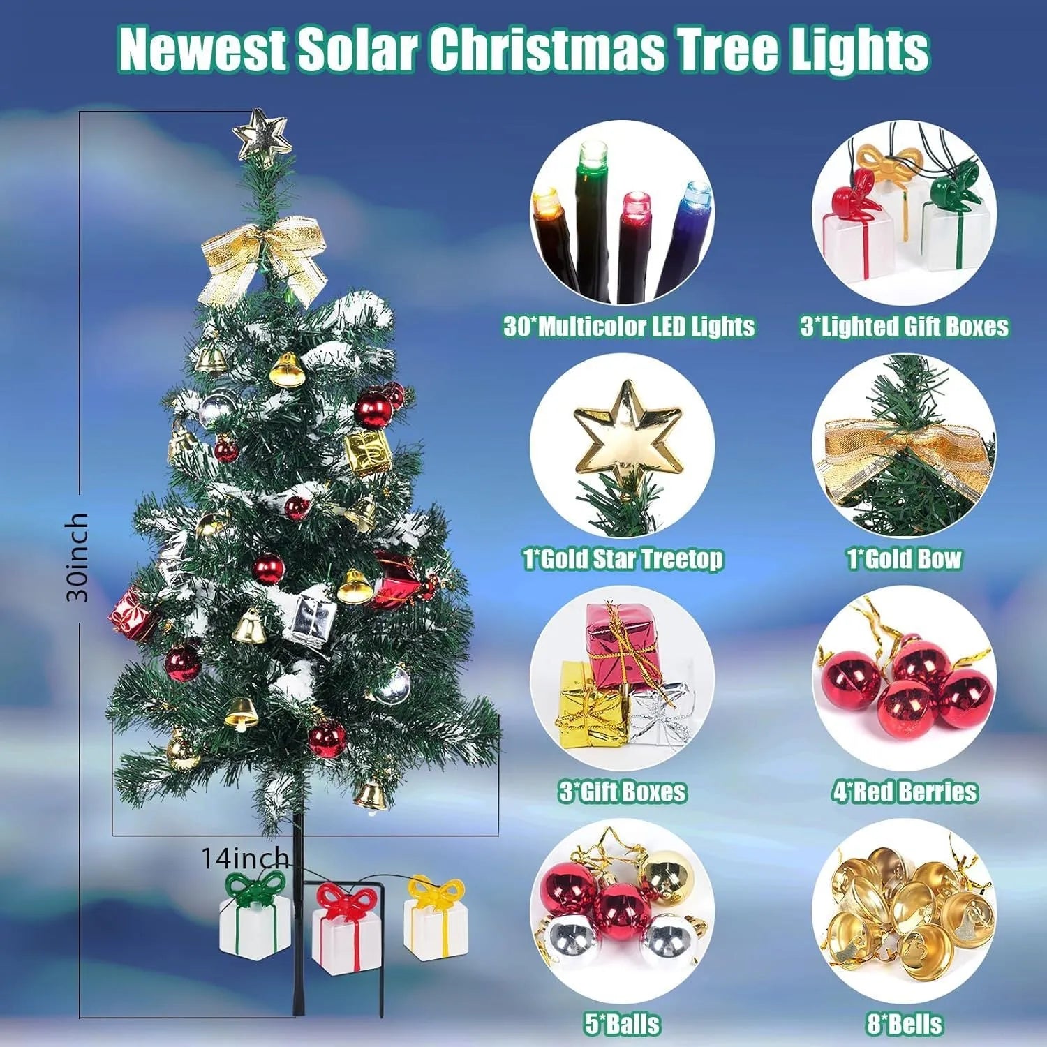 Solar Christmas tree LED decorative light with stainless steel housing and IP66 rating for outdoor use