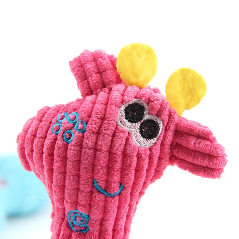 Blue deer-shaped plush dog toy with corn grain texture and squeaker for pet play
