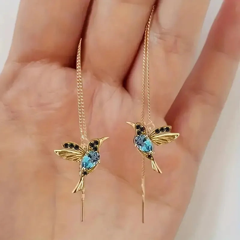 Bird hanging long earrings for women with mixed zirconium wings in blue, red, and red lvzuan colour options