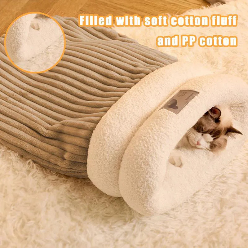 Brown semi-enclosed pet sleeping bag with lambswool insulation for cats and small dogs