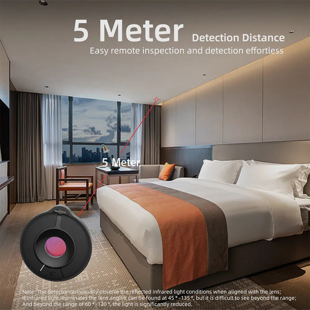 Compact handheld infrared camera detector for finding hidden spy cameras.