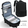 Large black waterproof mummy-style nylon backpack on a neutral background.