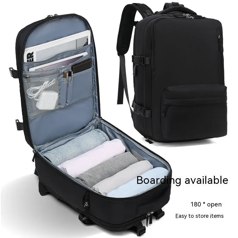 Large black waterproof mummy-style nylon backpack on a neutral background.