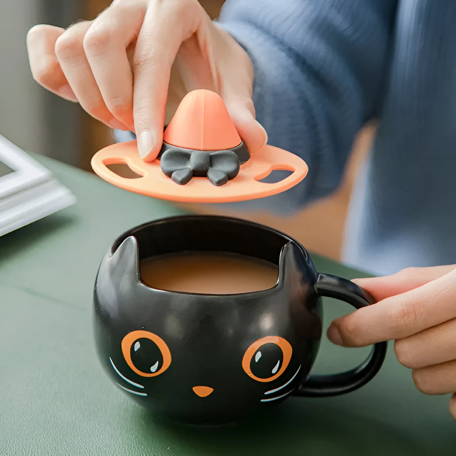 Black ceramic cat mug with pumpkin and spoon couple illustration, 355ml capacity