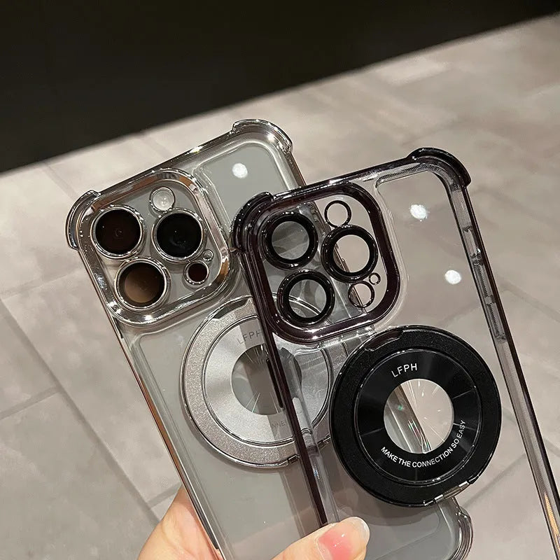 Magnetic rotatable ring bracket drop-resistant phone case for iPhone, PC shell, four-corner airbag, dark night purple colour