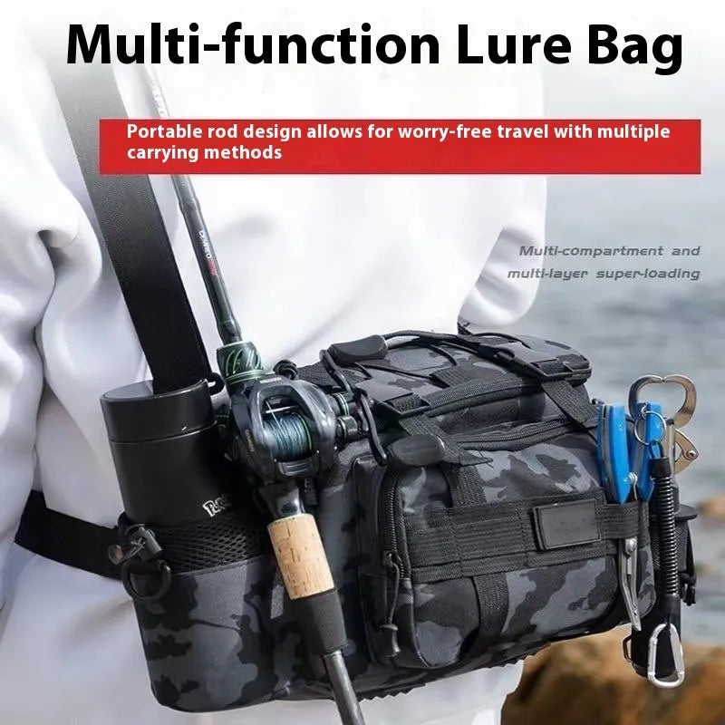 Luya crossbody multi functional fishing storage bag in Oxford cloth with camouflage pattern and multiple compartments.