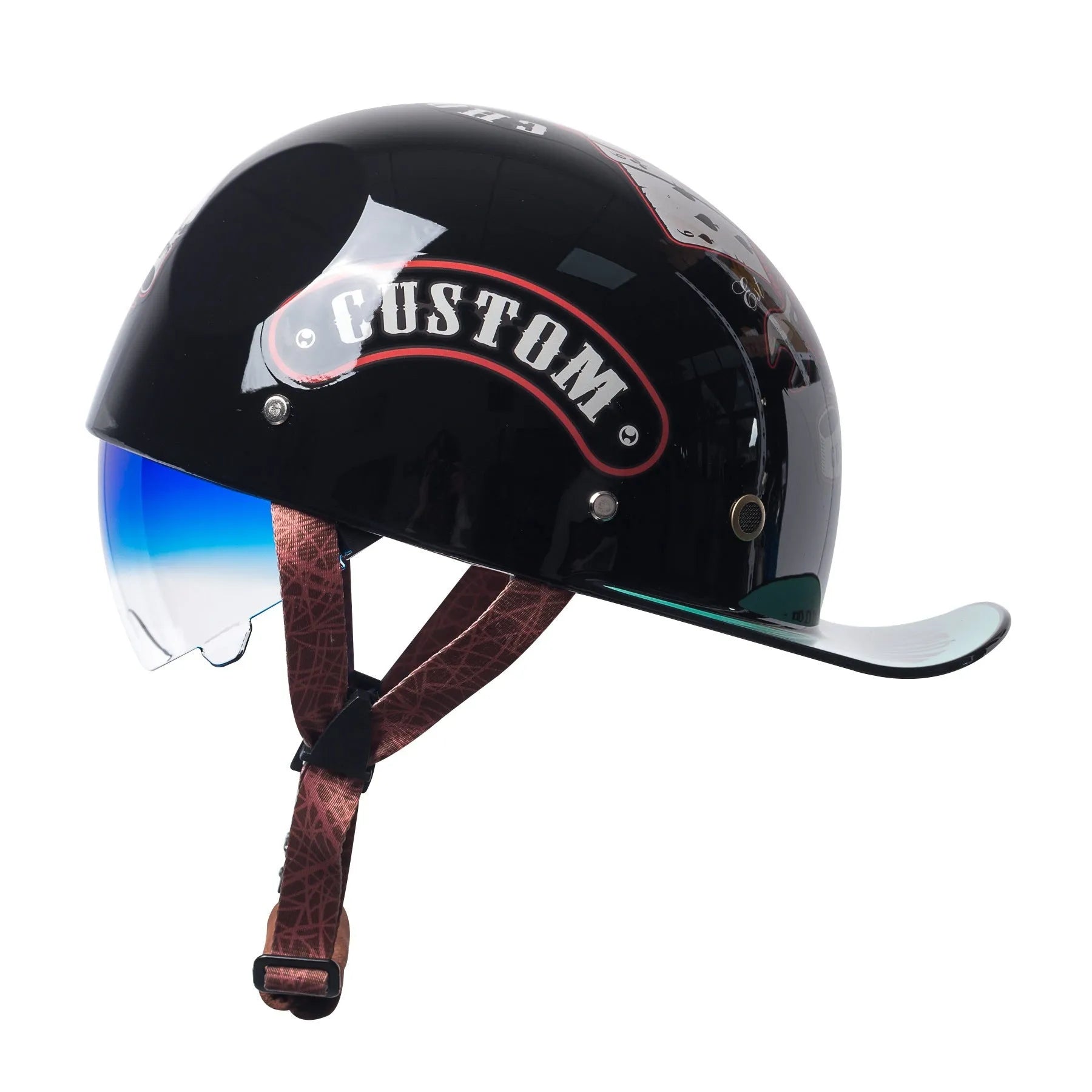 Men's retro half helmet for electric bicycles in bright black with a gradient blue tinted lens.