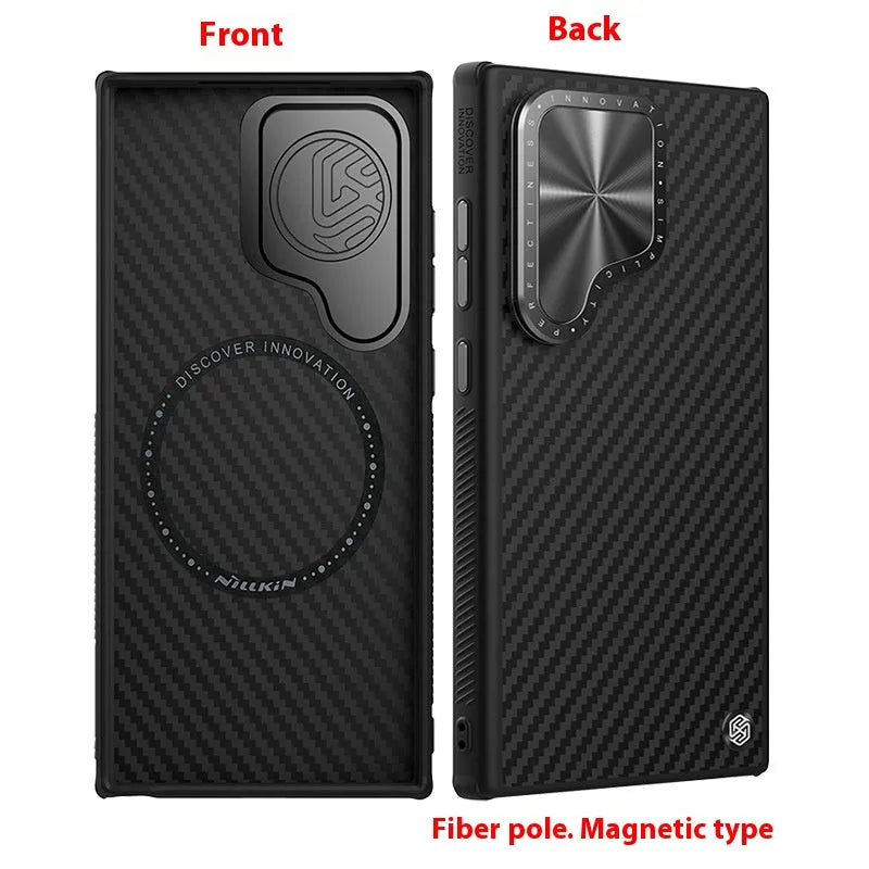 Kevlar magnetic phone bracket case for Samsung S24 Ultra in black with invisible stand
