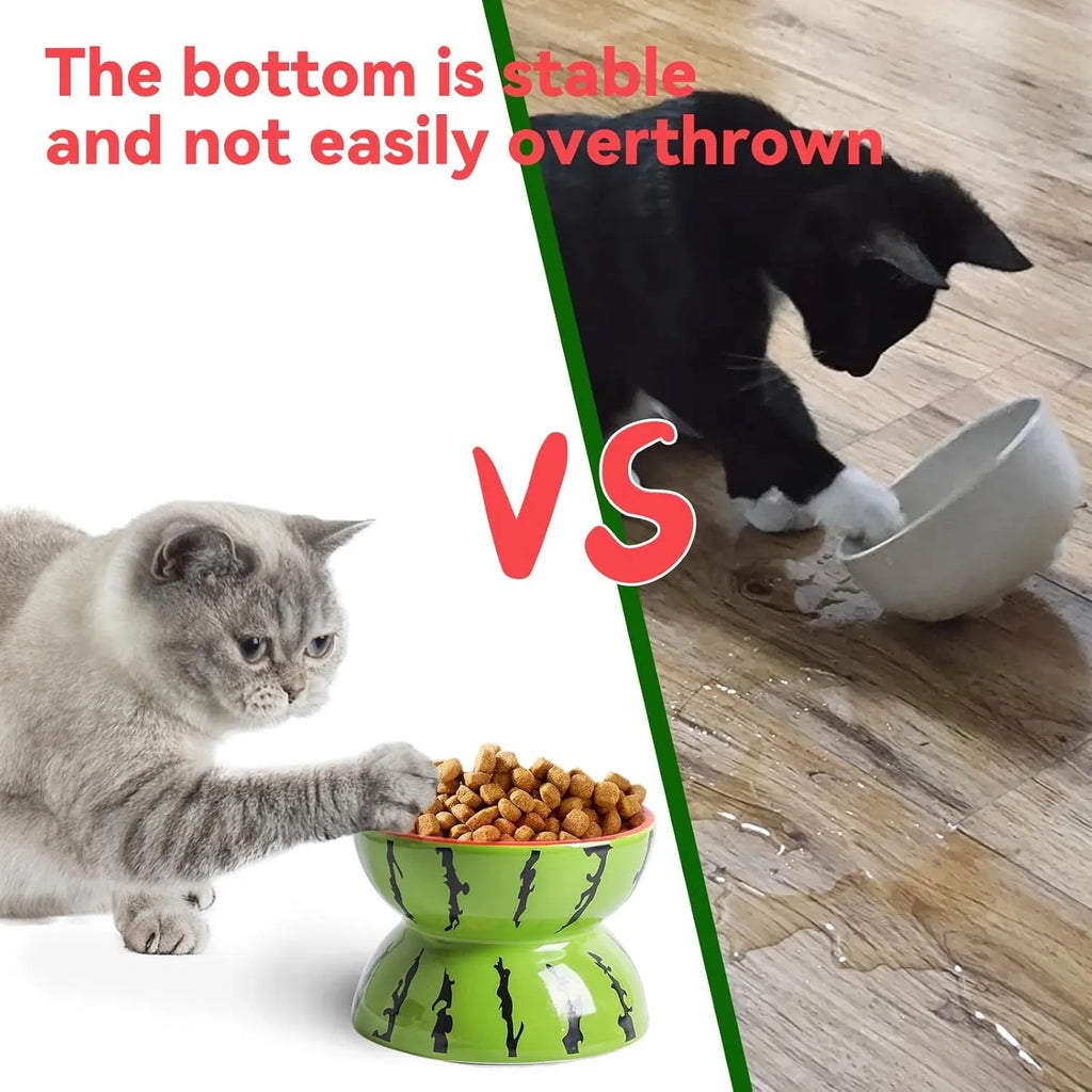 Orange patterned ceramic raised cat bowl on a tilted stand for food and water.