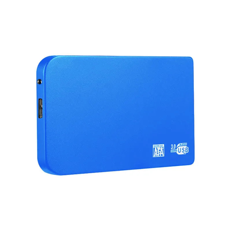 Silver USB 3.0 external solid state hard drive with data cable on a desk.