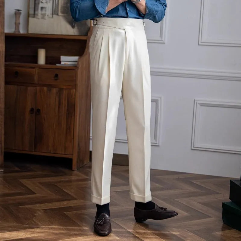 Men's high waist straight leg casual trousers in polyester fabric