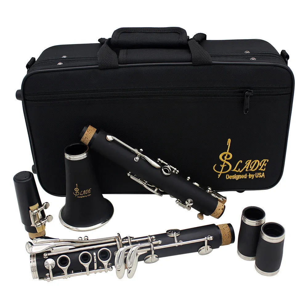 Black Bakelite beginner clarinet with nickel-plated 17-key mechanism and storage bag