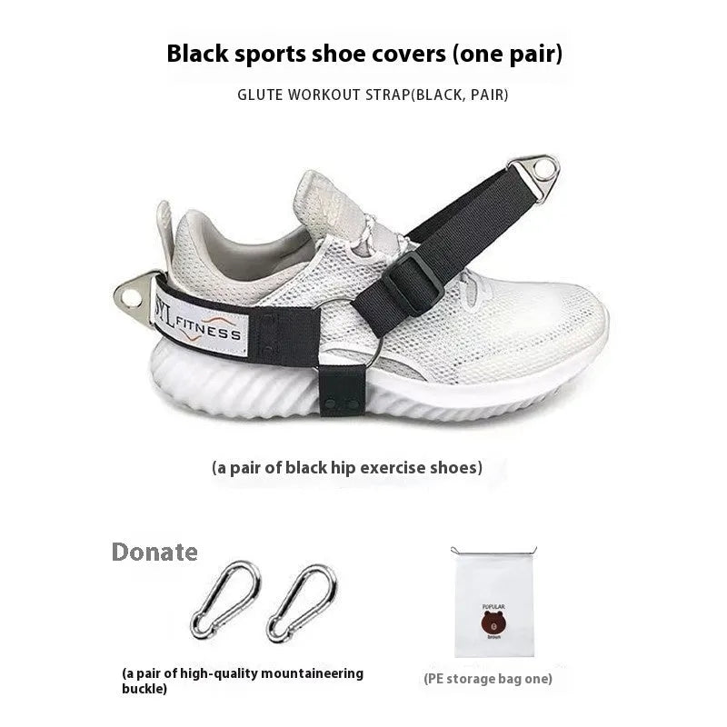 Black ankle strap with metal buckle for leg attachment in rope access or training
