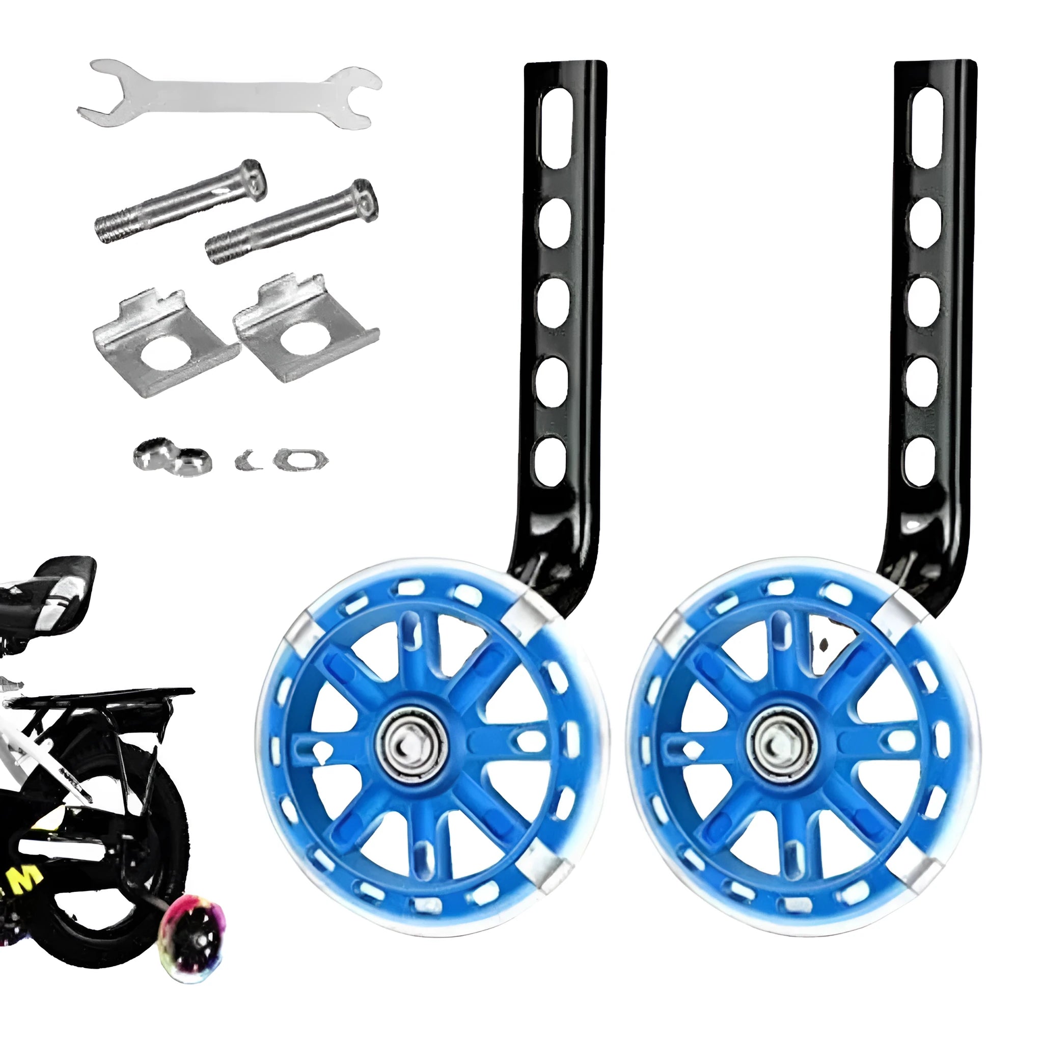 Children's bicycle training wheel set with glow feature and universal 12-20 inch bracket in assorted colours.
