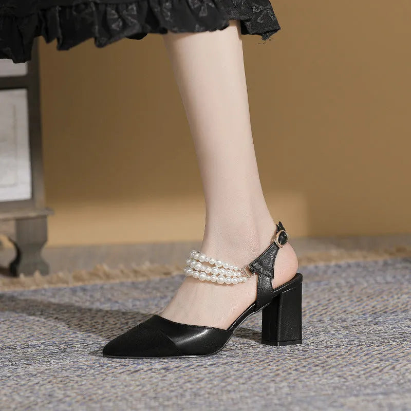Pointed toe chunky heel sandals with buckle and pearl detail in black - women's plus size option