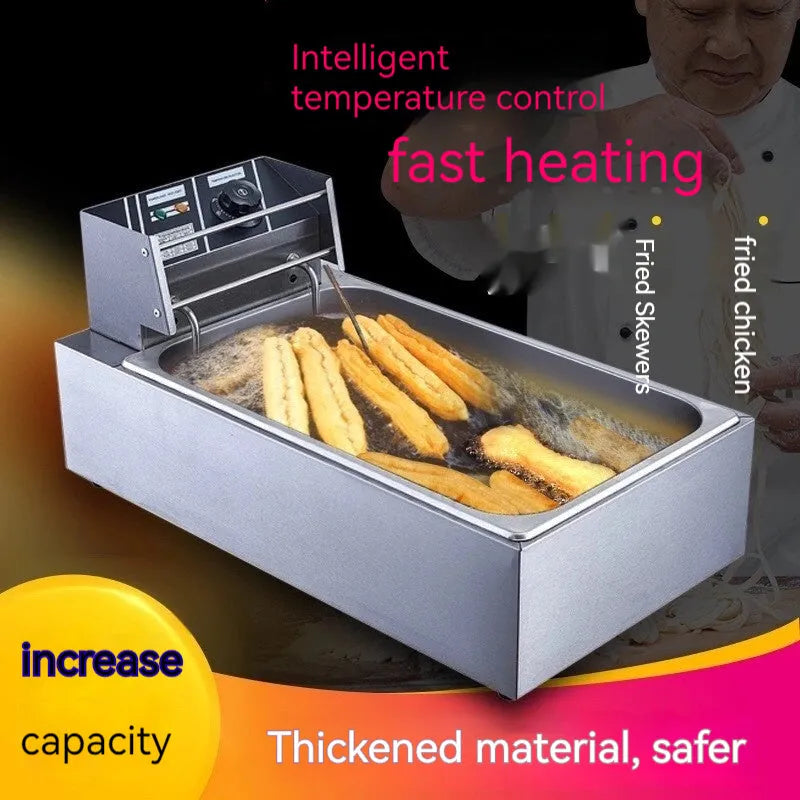 Commercial stainless steel deep frying pan with temperature control and two frying baskets