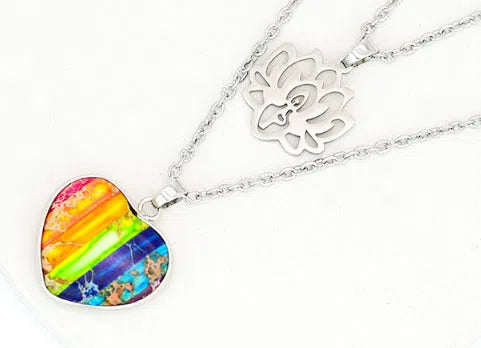 Seven-colour natural stone heart-shaped lotus pendant on a silver-toned double-layer necklace with stone beads