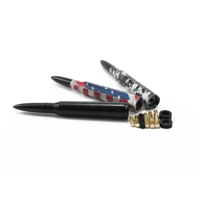 14cm long bullet-shaped car antenna in camouflage green, black, and American flag designs