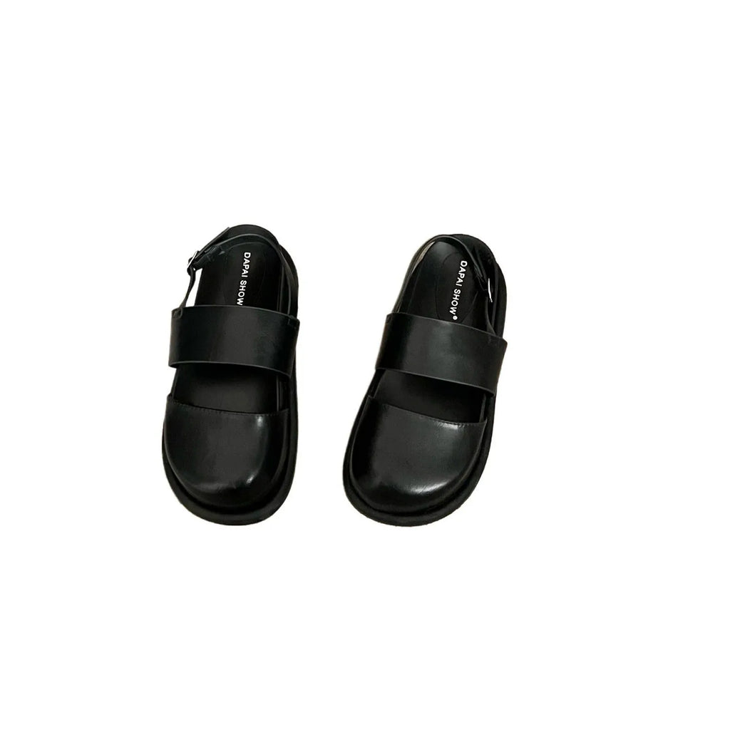 Retro Korean style sandals with an ankle-strap buckle, shown in apricot colour.