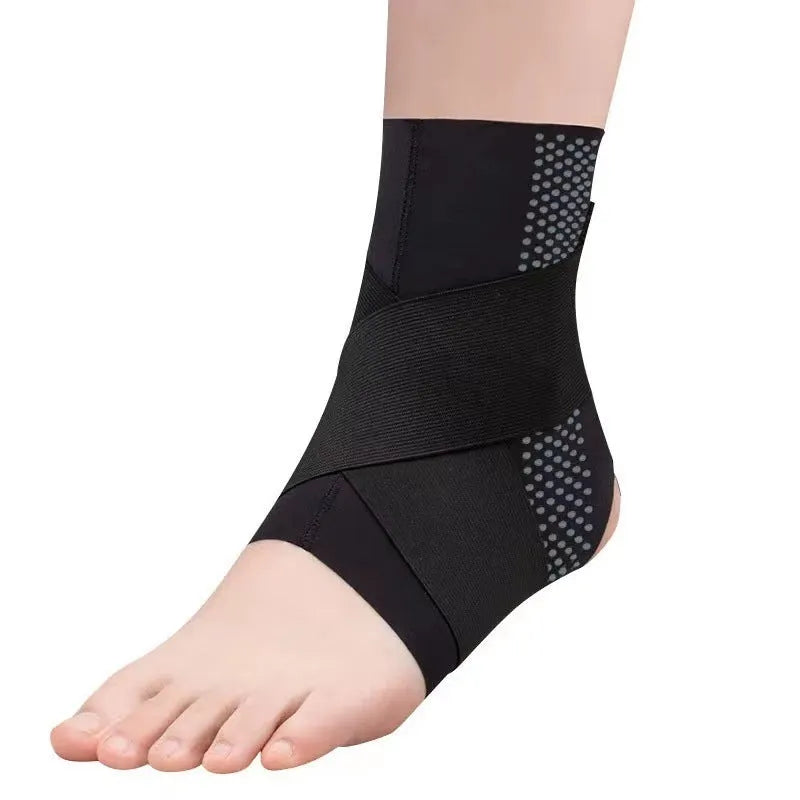 Black Lycra ankle support brace shown on adult foot for sports protection