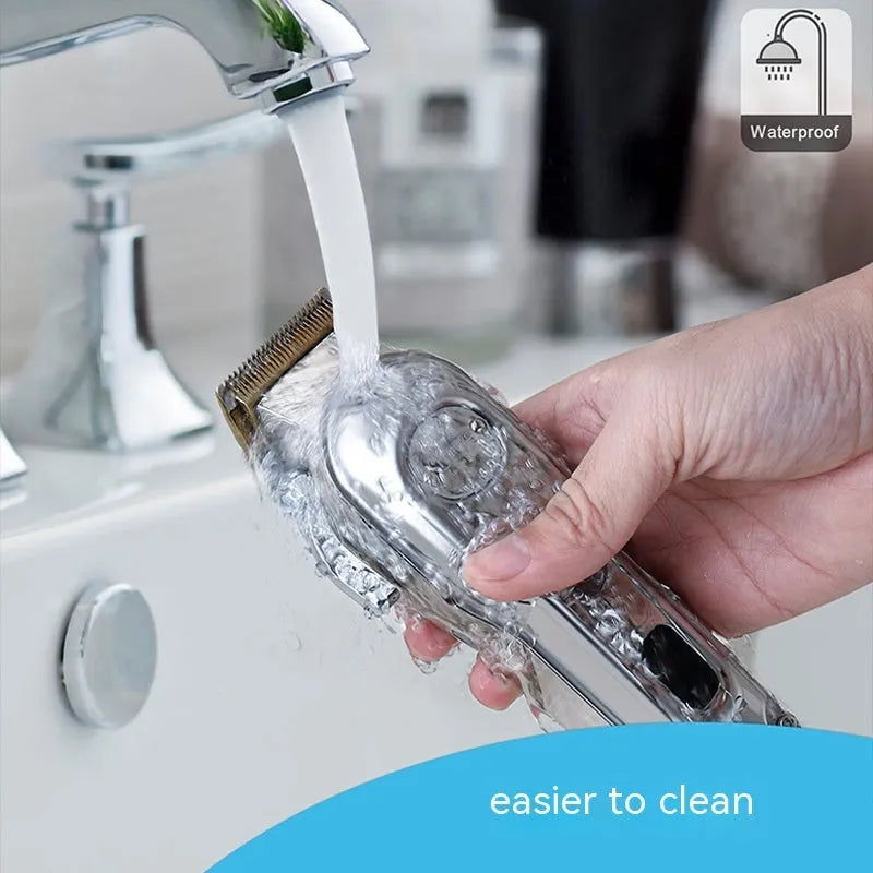Silver electric hair clipper with LCD display, metal body, ten guide combs, cleaning brush, oil bottle, and storage bag.