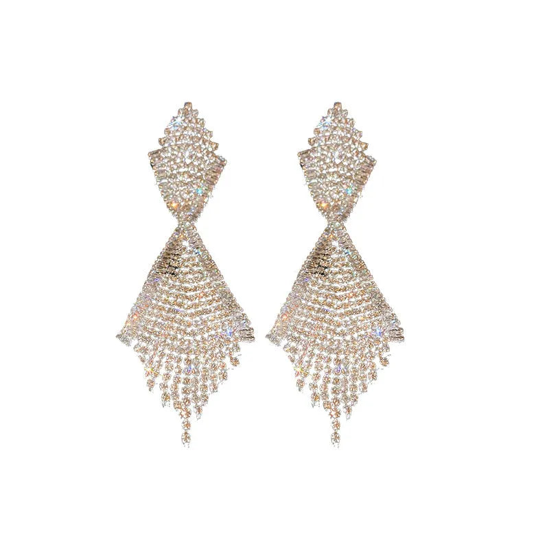 Rhinestone Inlaid Claw Chain Tassel Long Earrings for Women Copper Geometric Diamond Silver Needle Blue Gold Silver Option Shape Ins Style Drop Earrings