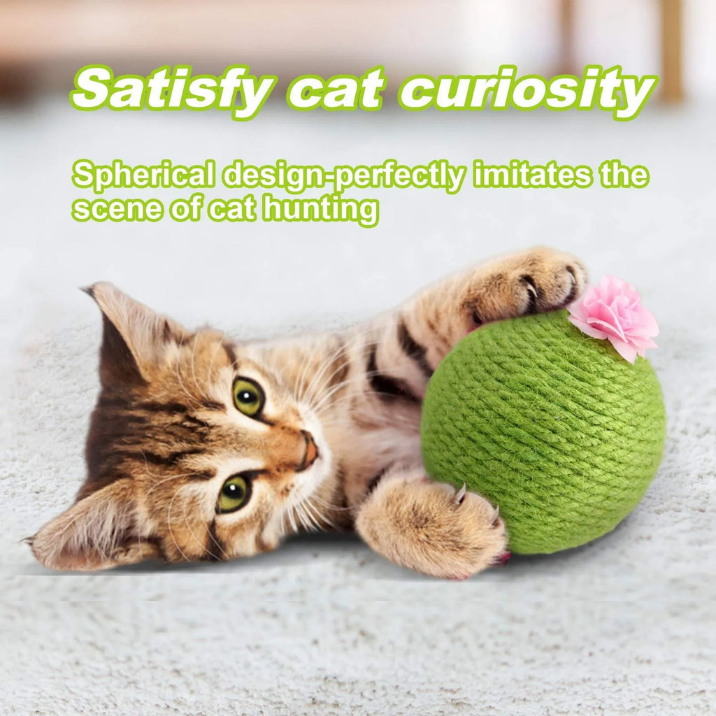 Green multi-level cat scratching tower with an interactive cactus ball toy and sisal-wrapped posts