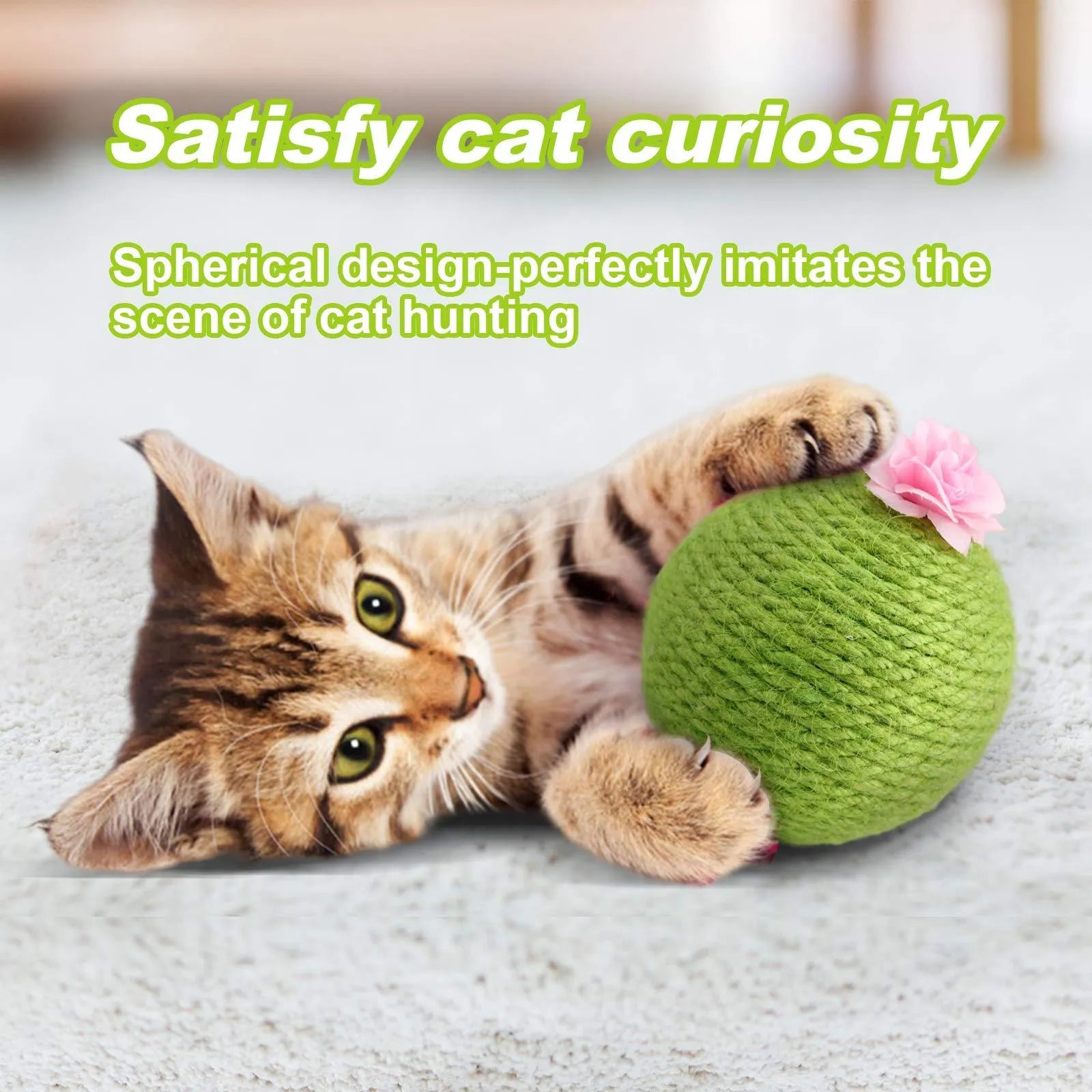 Green multi-level cat scratching tower with an interactive cactus ball toy and sisal-wrapped posts