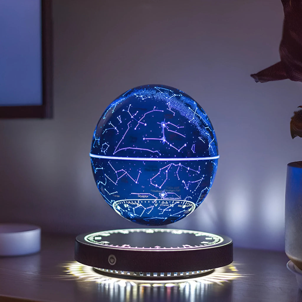 Black maglev moon lamp floating star ball shape on USB-powered base, modern minimalist bedside light
