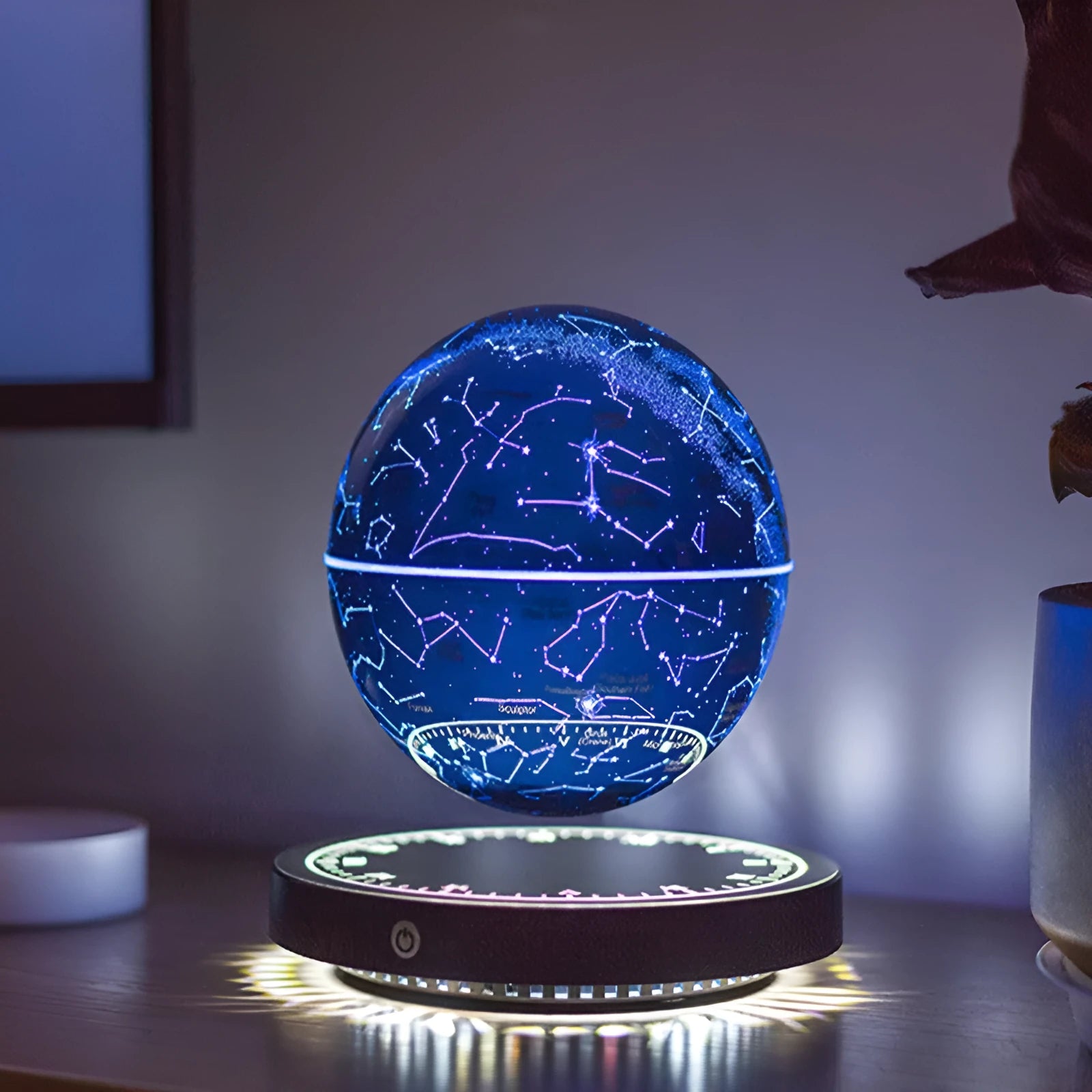 Black maglev moon lamp floating star ball shape on USB-powered base, modern minimalist bedside light
