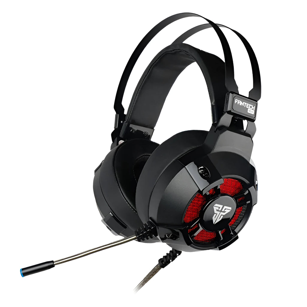 Black FANTECH HG11 USB gaming headset with over-ear cups and RGB lighting on a stand.
