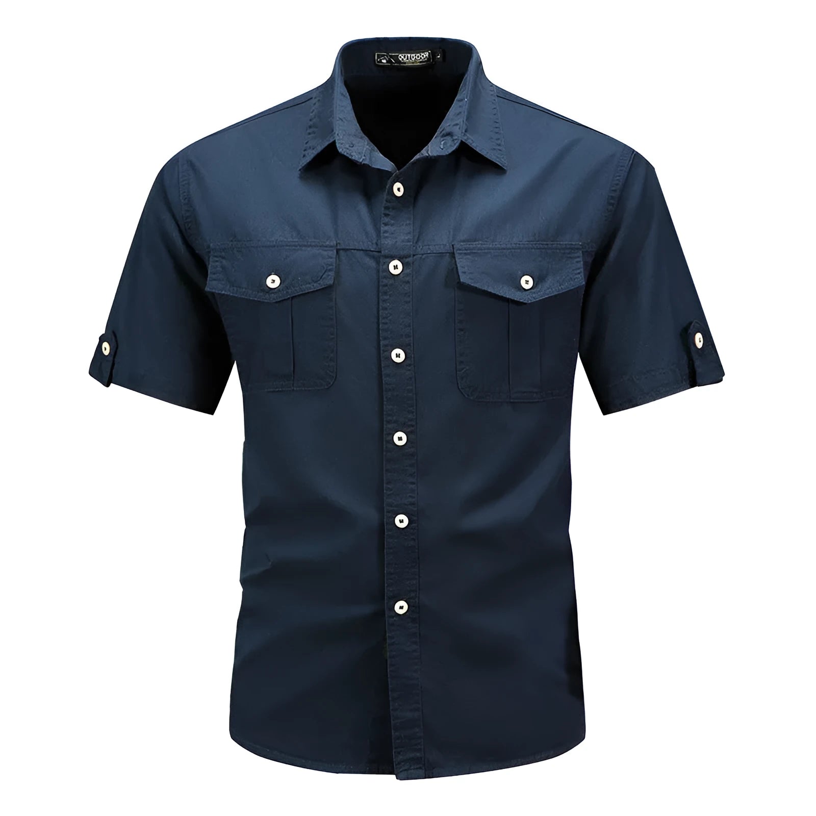 Men's short sleeve cotton cardigan shirt in khaki colour, front view, sizes M to 5XL