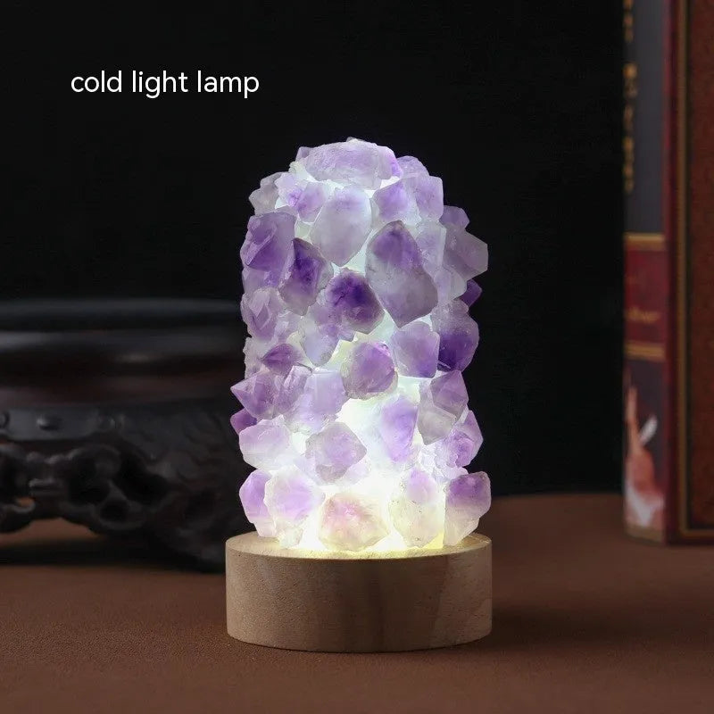 Natural purple amethyst crystal night light with tooth flower vug formation and USB cable