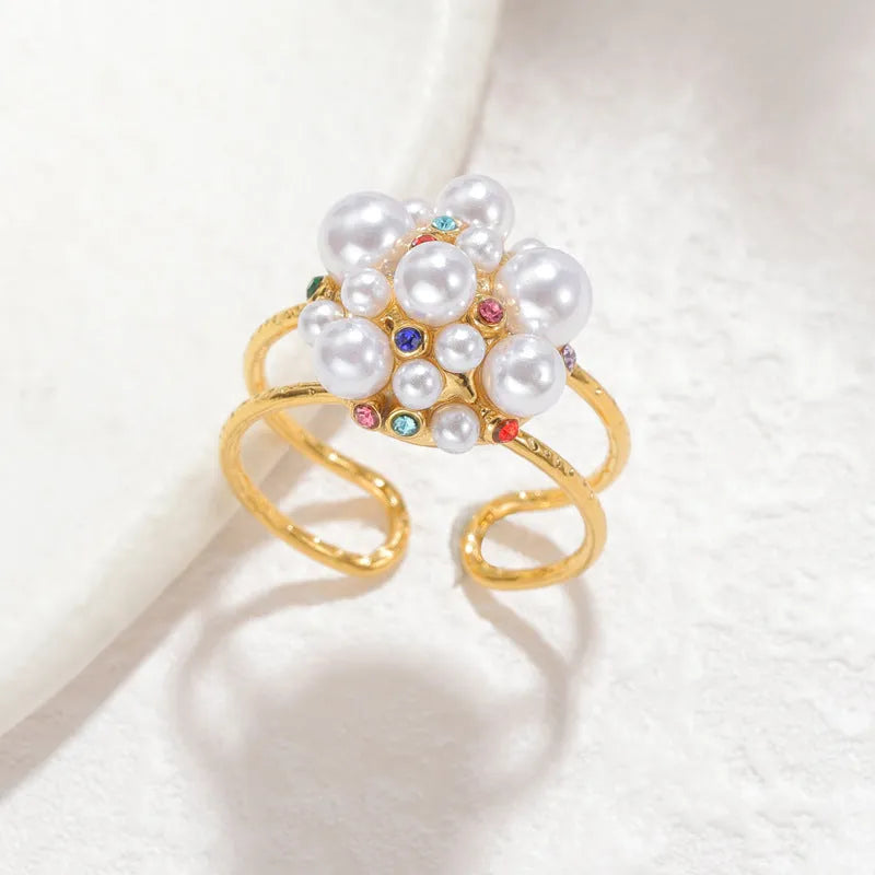 Women's stainless steel adjustable ring with pearl and zircon decoration in heart-shaped or round style