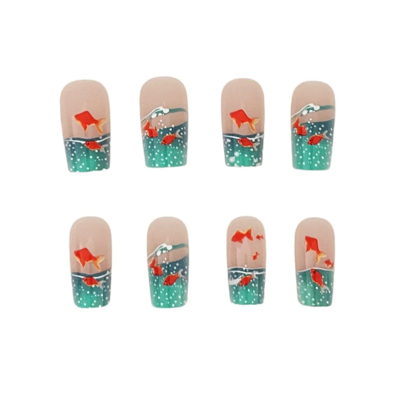 24-piece removable mid-square fake nail set with small goldfish pattern in Blue Glaze Jelly Glue style