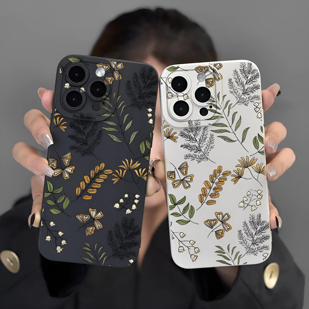 TPU soft shell phone case with leaf pattern in black for iPhone model