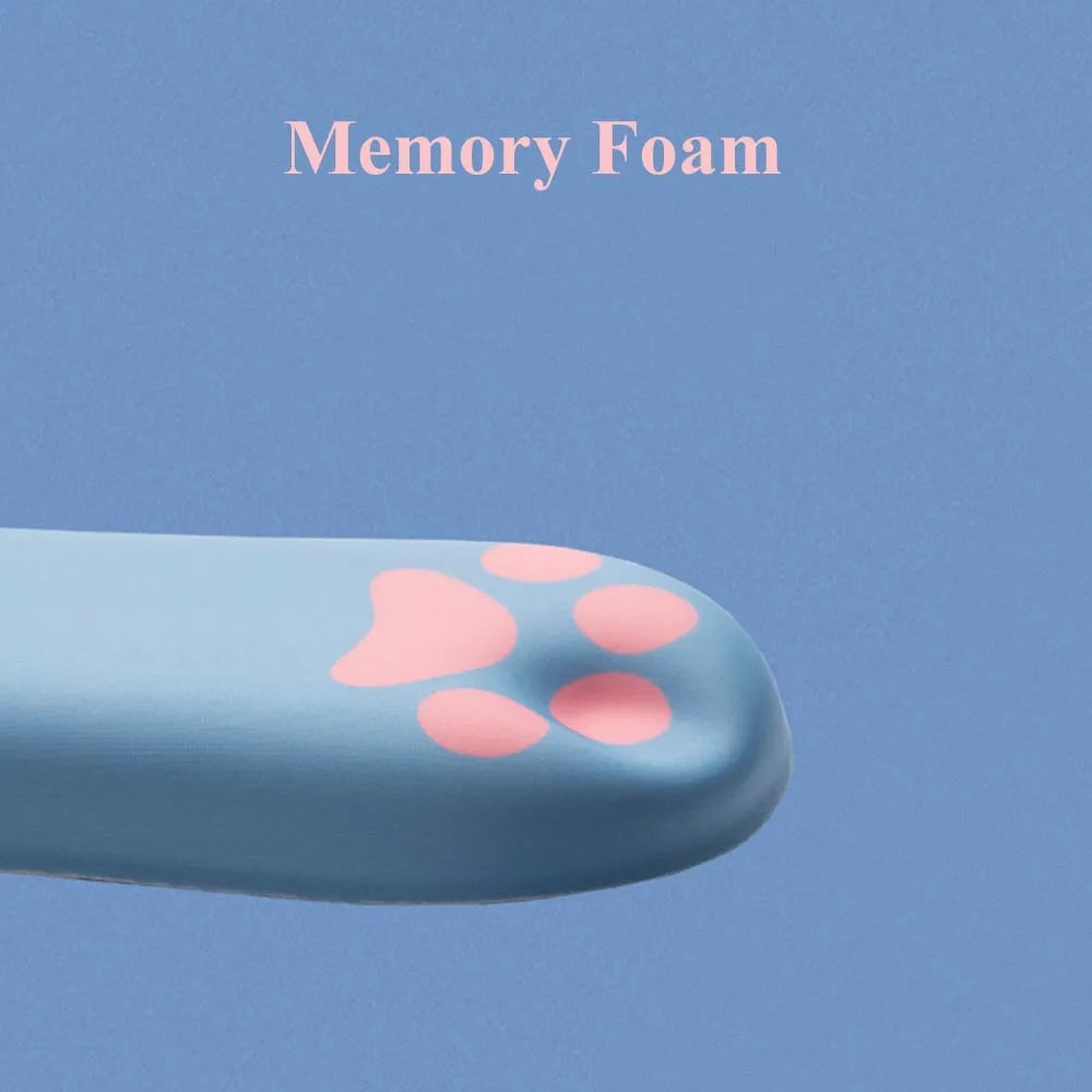 Cat's claw cartoon design memory foam keyboard wrist rest in blue on a desk