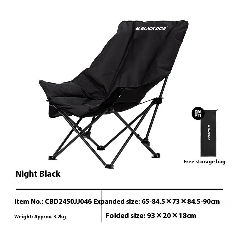 Night black portable folding camping recliner chair with a thickened seat in a moon chair style.