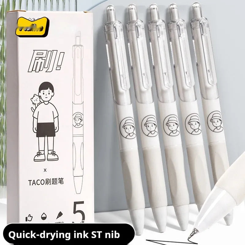 Five neutral black Taco Series student ballpoint pens with 0.5mm tips and quick-drying ink