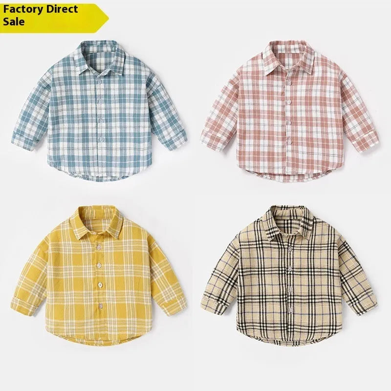 Boys' cotton lattice pattern long sleeve shirt in khaki colour for spring and autumn wear