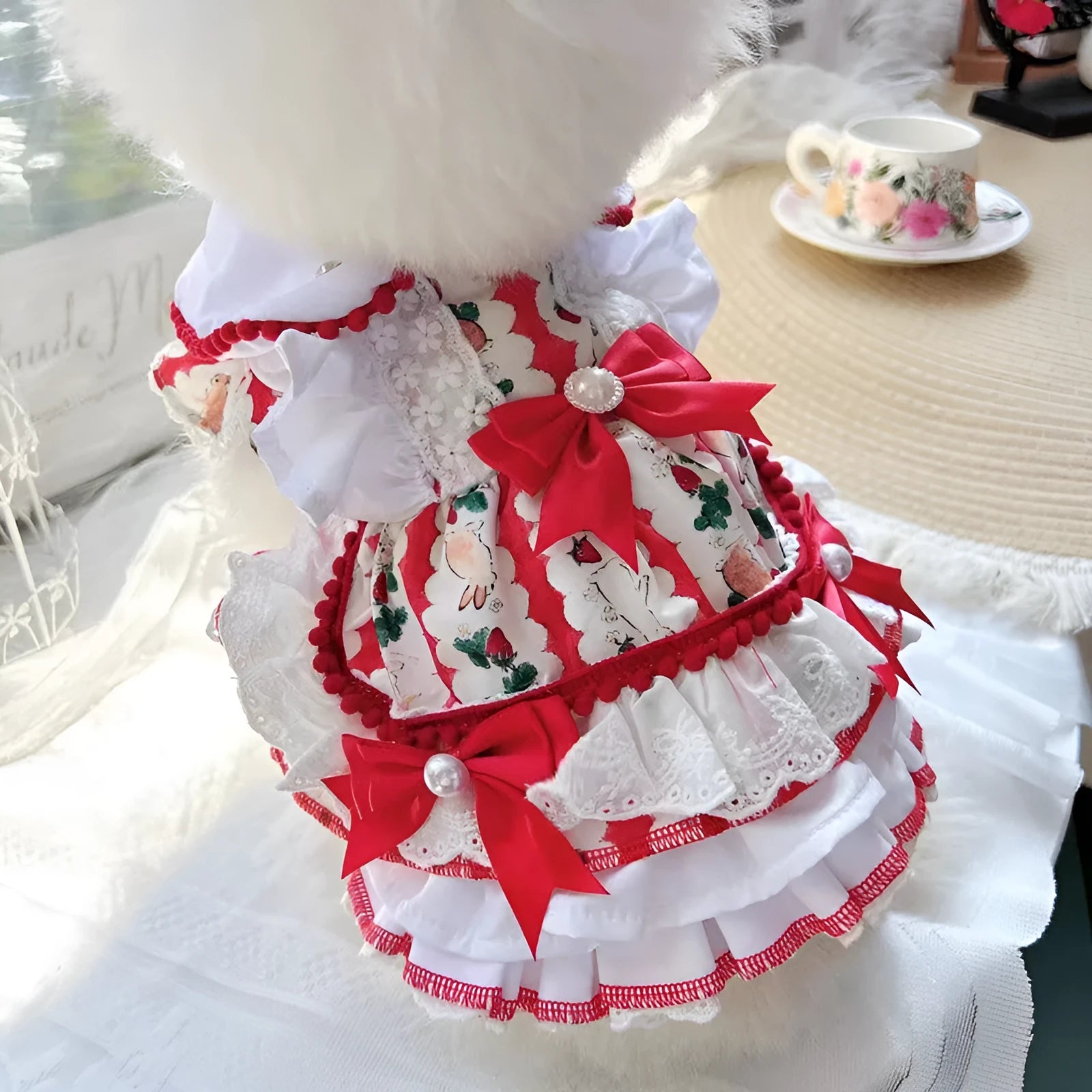 Polyester princess-style rabbit skirt dress for a small dog on a white background.