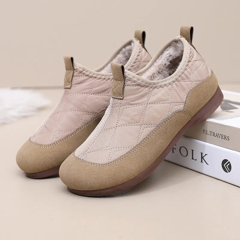 Women's winter cloth shoes in apricot with umbrella cloth upper, flat heel, and velvet soft bottom