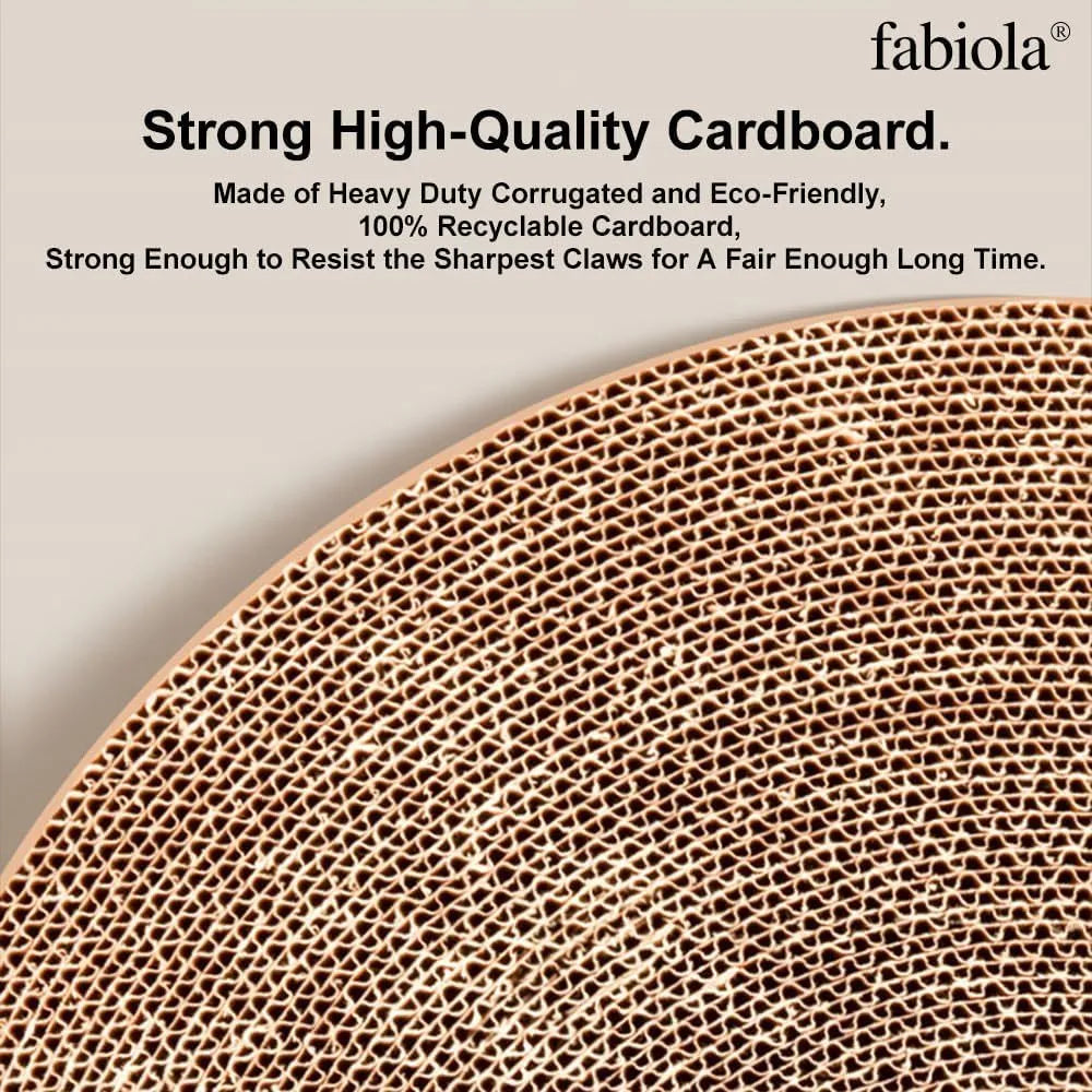 Large green circular cardboard cat scratching board with three built-in ball toys on a white base.